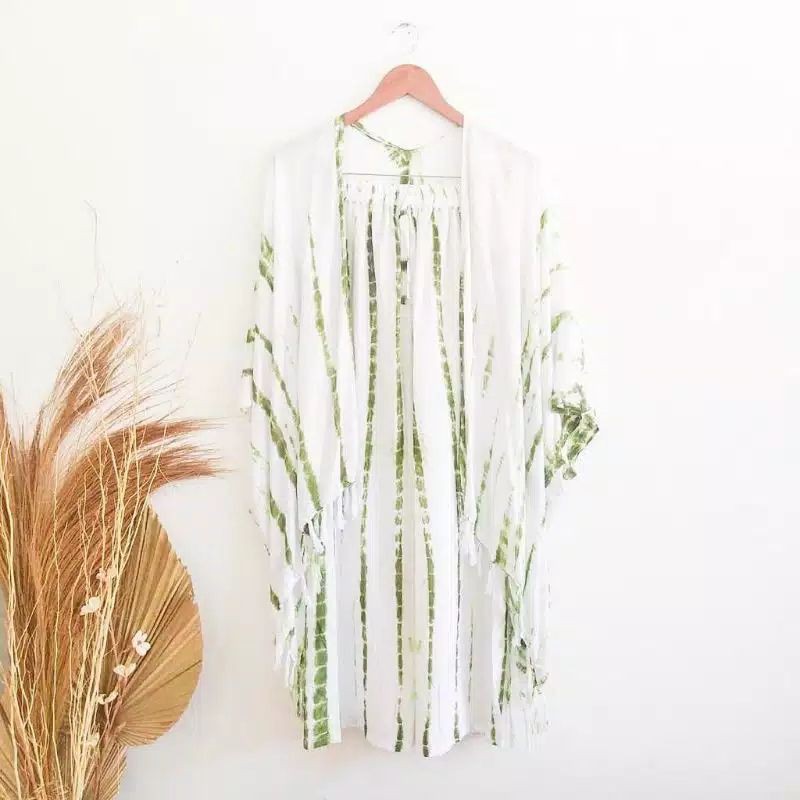 SET OUTER CARDIGAN TIE DYE KARDIGAN TIE DIE TIEDYE-Putih garis hijau