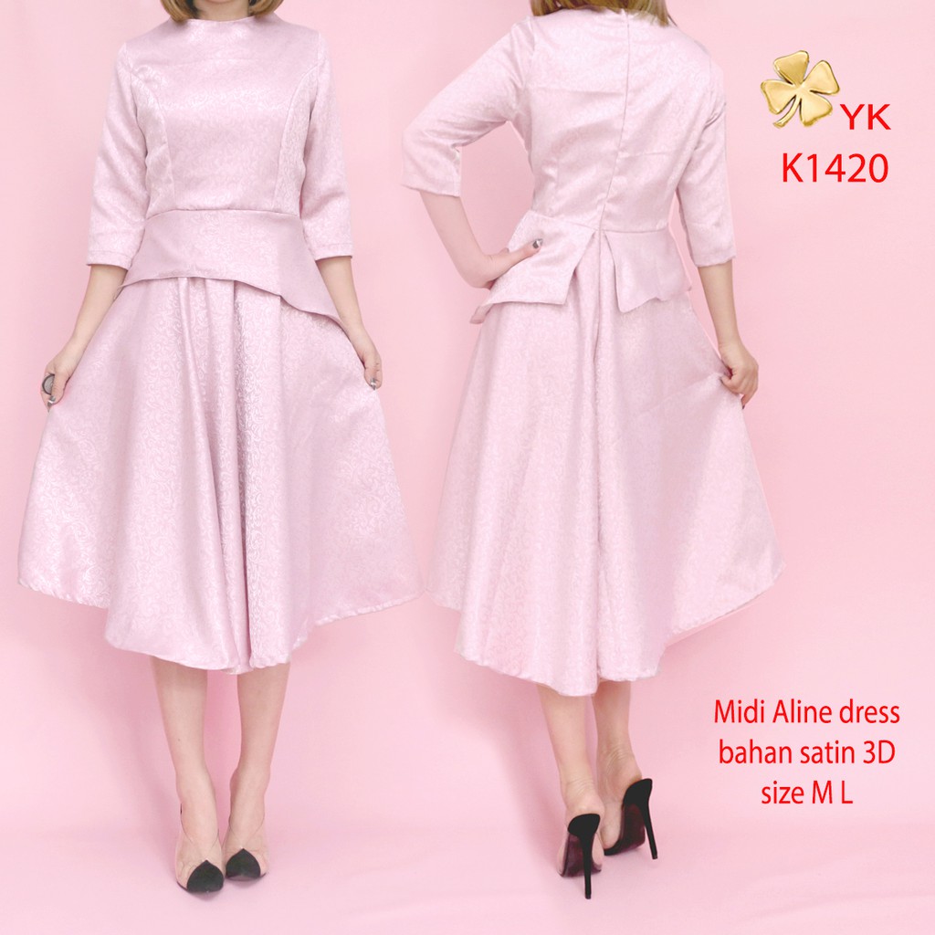 YKdress 1420 mini dress Aline dusty pink lengan sleeve midi pesta party satin import wedding A line 
