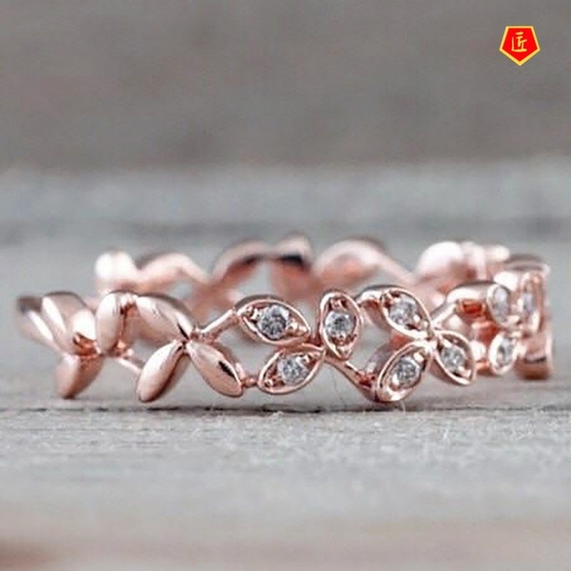 [Ready Stock]925 Silver Leaves Diamond-Studded Ring 18K Rose Gold