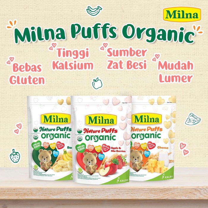 Milna Nature PUFFS Organic Apple Mix Berry/Banana/Cheese Makanan Bayi [15 g]