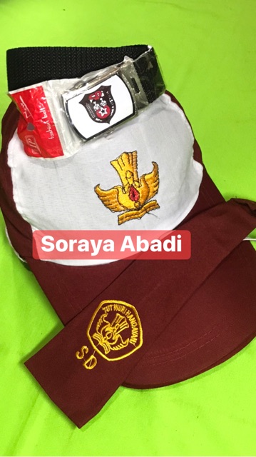 Paket Topi SD MERAH PUTIH Bordir + Gesper + Dasi Bordir PEREMPUAN