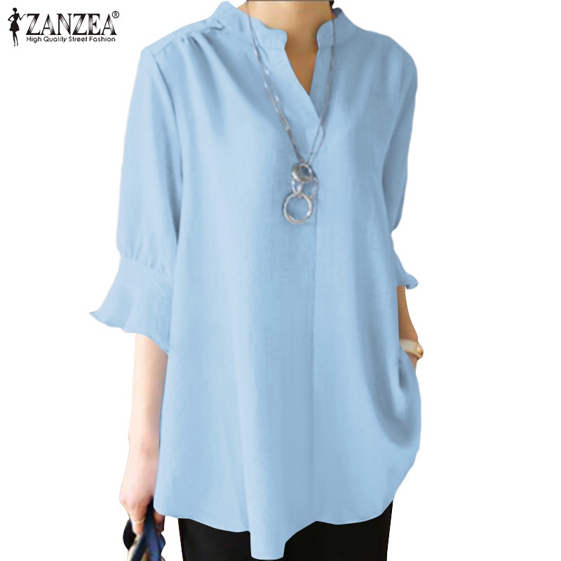 ZANZEA Womens Short Sleeve V Neck Cotton Casual Loose Blouse