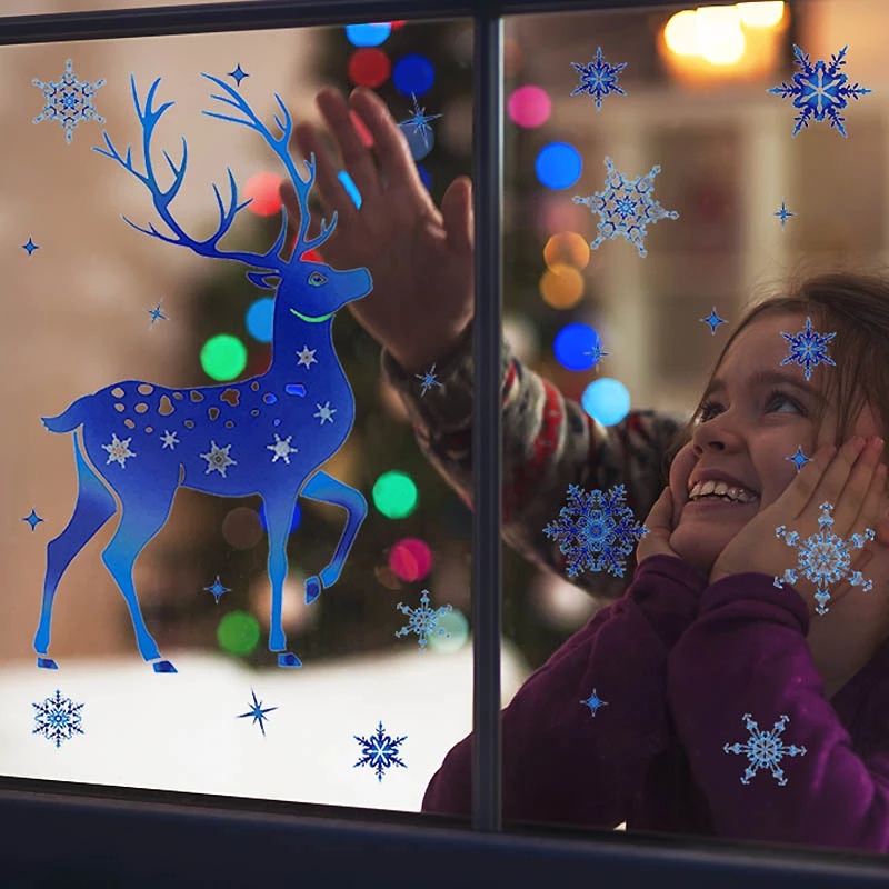 [Removable Christmas Snowflake Window Stickers] [Blue Snowflake Elk PVC Wall Glass Stickers For Home New Year Xmas Party Decor Noel]