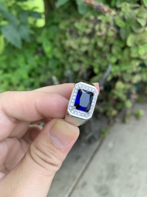 Cincin Perak Pria Sterling Silver 925 Batu Blue Safir Cubic Zirconia Size Bisa Diubah-ubah / Resize