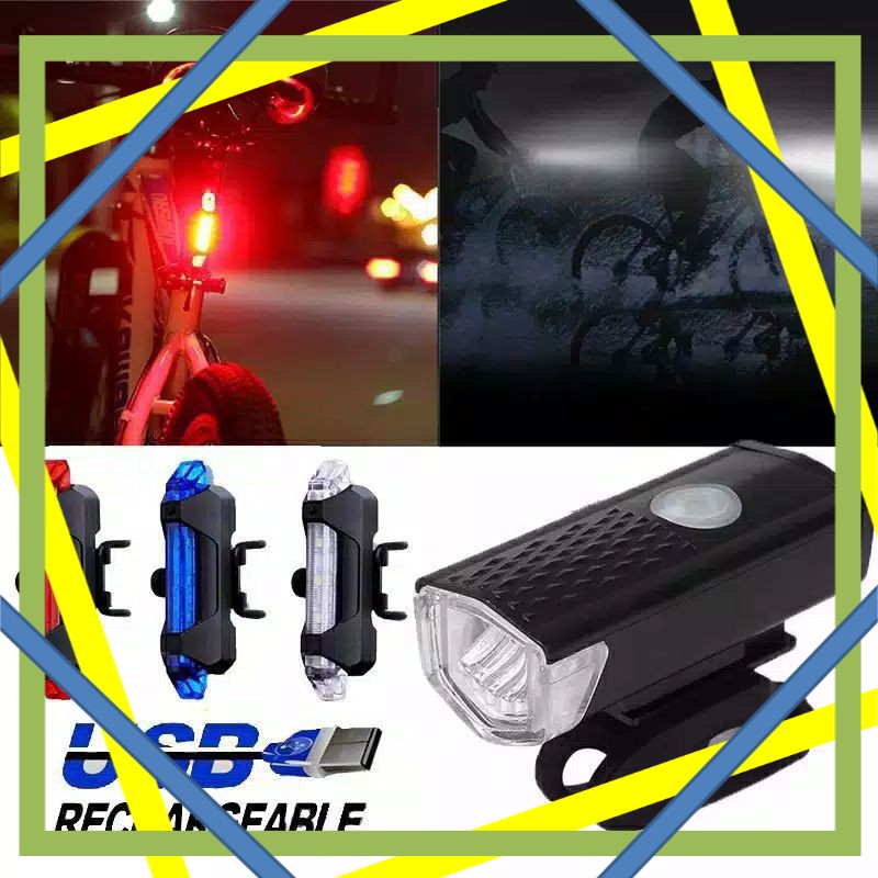 Lampu LED Depan Belakang merah/putih/biru/multi warna Sepeda gowes rechargeable via USB