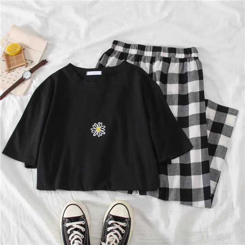 BEFAST - ZFS OOTD Wanita Setelan JIAYU / BSQ KULOT SET / Setelan Atasan Kaos Lengan Pende+Celana Kulot Motif Kotak / Setelan Kekiniaan Remaja Wanita / Set Viral Di TikTok / Termurah