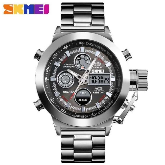 Jam Tangan Pria Dual Time Analog SKMEI 1515 Original Anti Air Silver