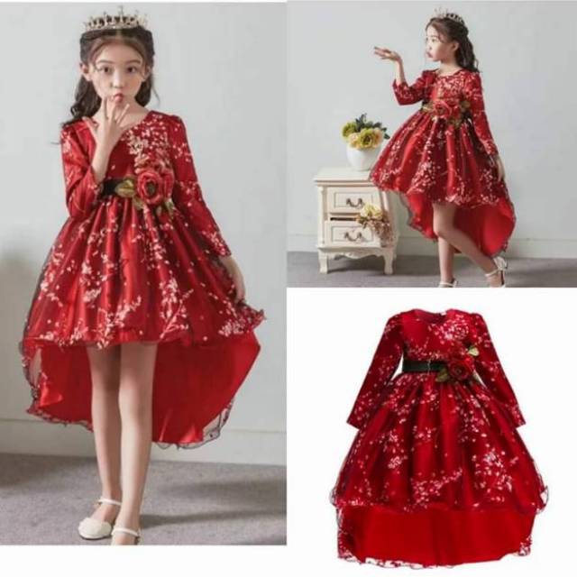 DRESS PESTA ANAK/GAUN ANAK WARNA MERAH/Dress ekor panjang