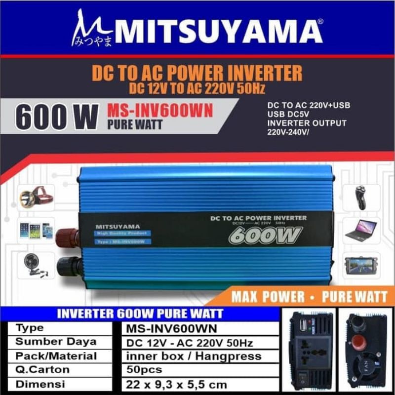 Power Inverter Pure Sin Wave (PSW) 12V 600 Watt DC to AC MITSUYAMA