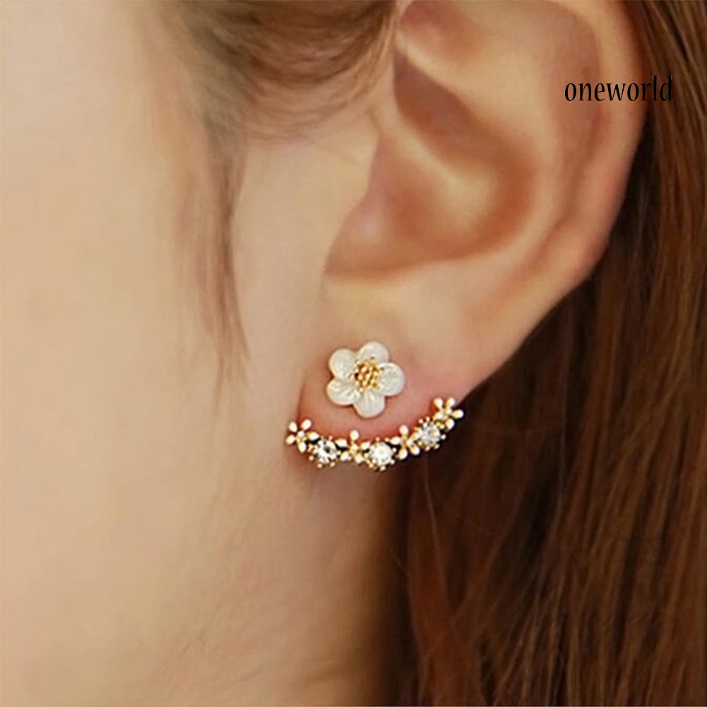 OW@ Women Cute Daisy Shape Rhinestone Inlaid Ear Jacket Earrings Party Jewelry Gift