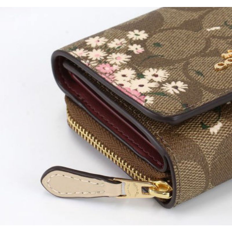 Coach Wallet Small Trifold Flower Patterns Khaki Multi (C6864)