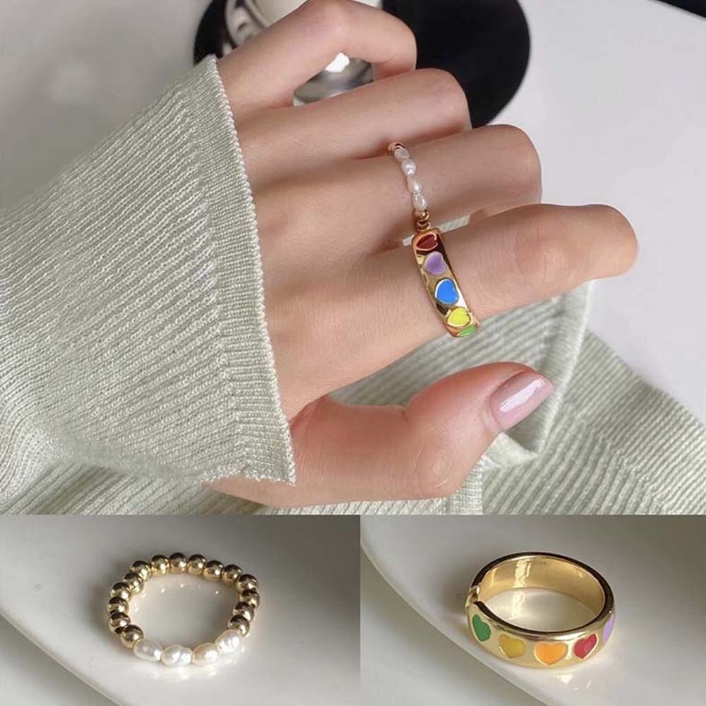 Cincin Model Terbuka Desain Hati Enamel Warna-Warni Gaya Vintage Untuk Wanita