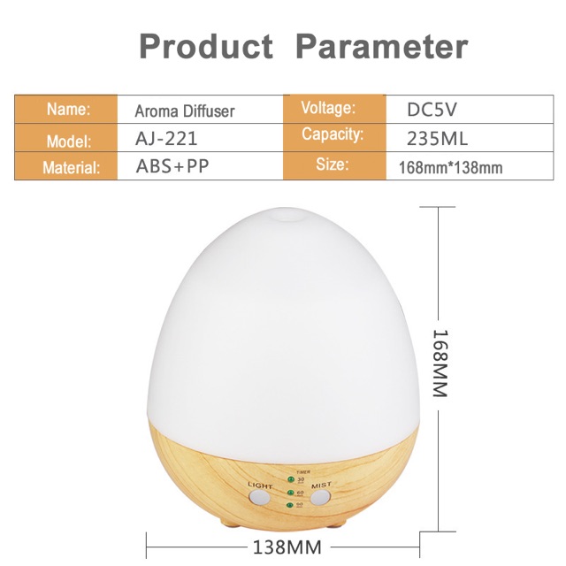 Aromatherapy Air Humidifier Oil Diffuser Egg Shape 235ml - White