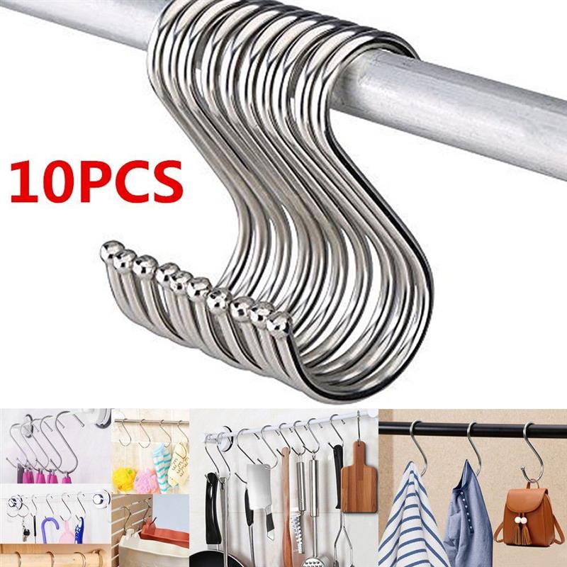 10pcs / set Kait Gantungan Baju Bentuk S Bahan Stainless Steel Untuk Kamar Mandi / Dapur