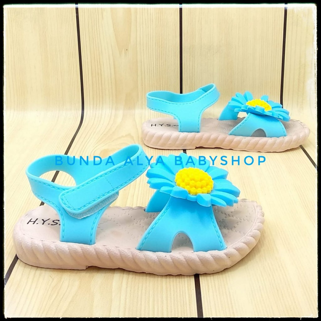 Sendal Anak Perempuan IMPORT Usia 2 3 4 Tahun BIRU Elastis Motif Bunga - Sepatu Sandal Anak Cewek Lentur Bunga Kuning Alas Karet Anti Licin