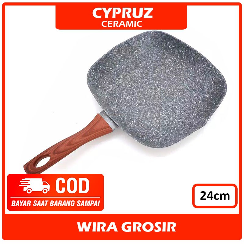 Cypruz Frying Grill Pan Keramik Tanpa Minyak 24cm | Pemanggang Bbq Anti Lengket | Wajan Marble