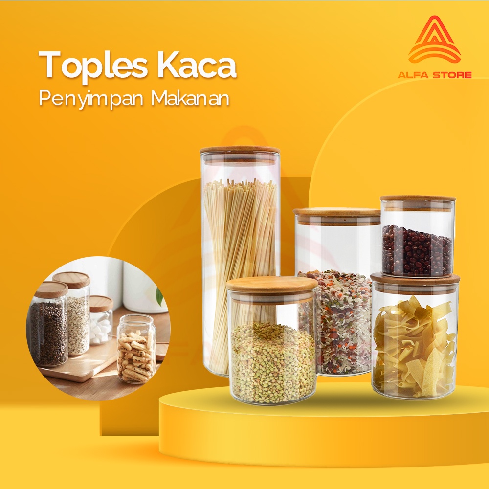 Toples Kaca Tempat Penyimpanan Makanan Kedap Udara Borosilicate Glass Storage Jar Dengan Tutup Kayu