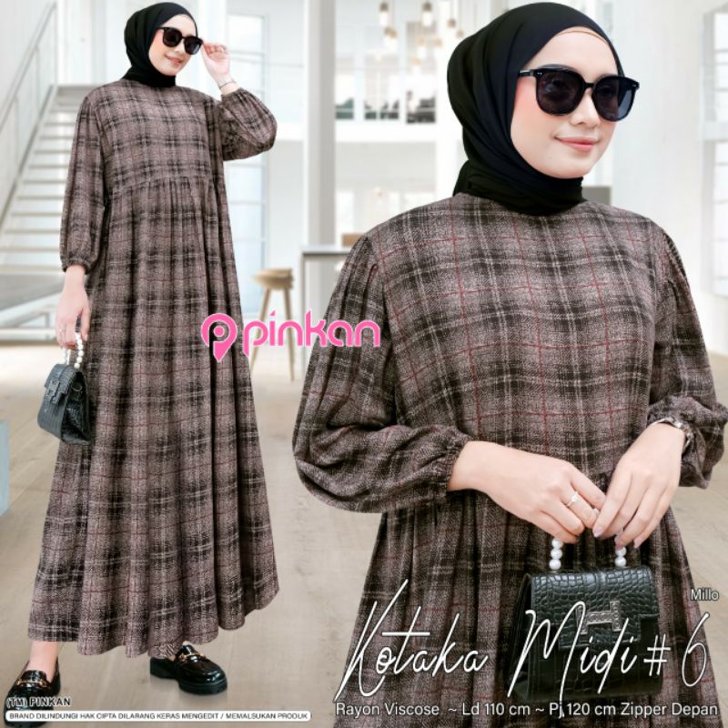 KOTAKA MIDI #6 LEVINA - DRESS BUSUI LD 110 - GAMIS MUSLIMAH - GAMIS KATUN RAYON VISCOSE MOTIF KOTAK 