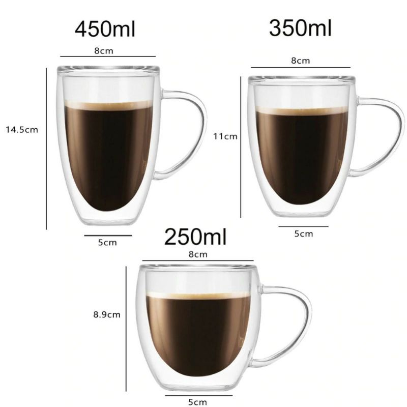 Gelas Cangkir Kopi Anti Panas Double-Wall Borosilicate Glass Round Series 350ml with Handle