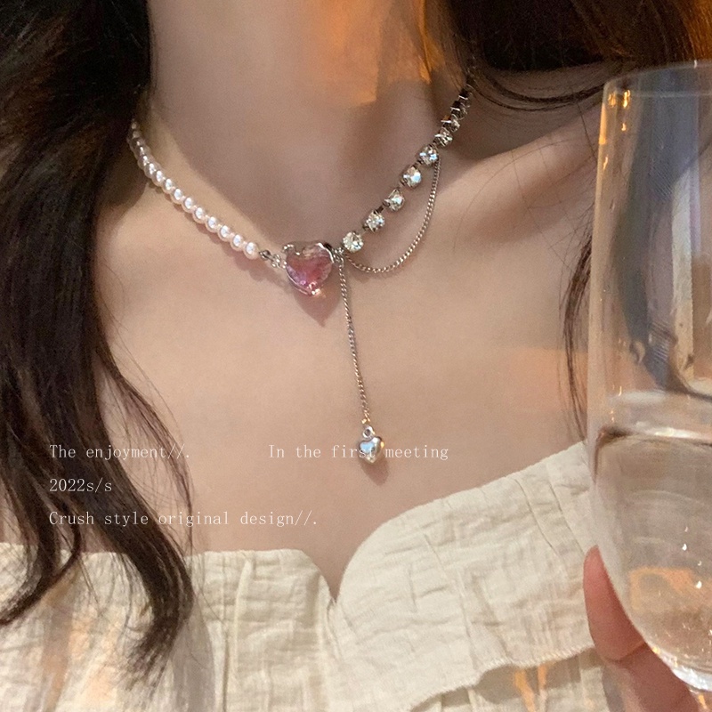 YEEZII Kalung Rantai Choker Liontin Hati Kristal Mutiara Warna Pink Untuk Wanita