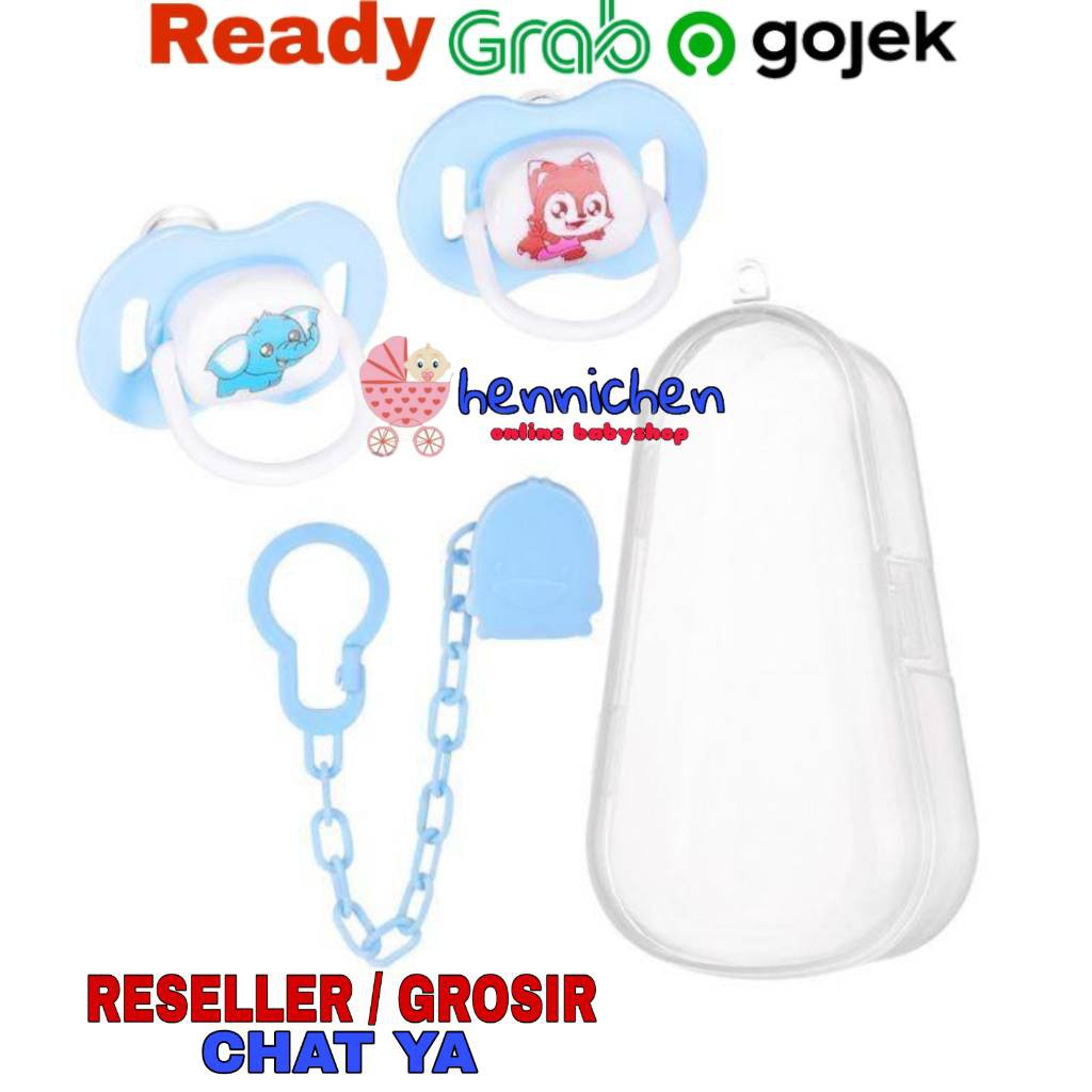 Isi 2 Pcs Set Empeng + Rantai Klip / Pacifier Dot Silicone bayi dengan Box