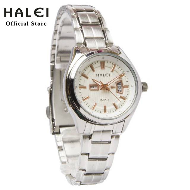 Jam Tangan Wanita Keren Anti Air Halei Original 8010 Rantai Silver Plat Putih, Murah Meriah