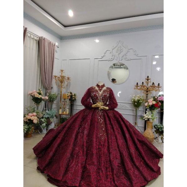 Gaun pengantin premium mewah ballgown krinolin maroon
