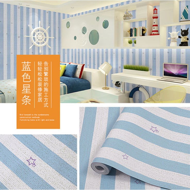 Wallpaper Sticker Dinding Motif Salur Bintang Biru Putih uk 45cm x 10m