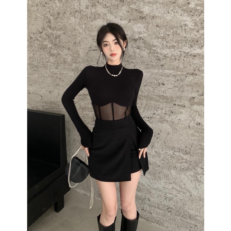 #Sisjuly# T-shirt one-piece mesh wanita tidak beraturan hitam lengan panjang setengah turtleneck kem