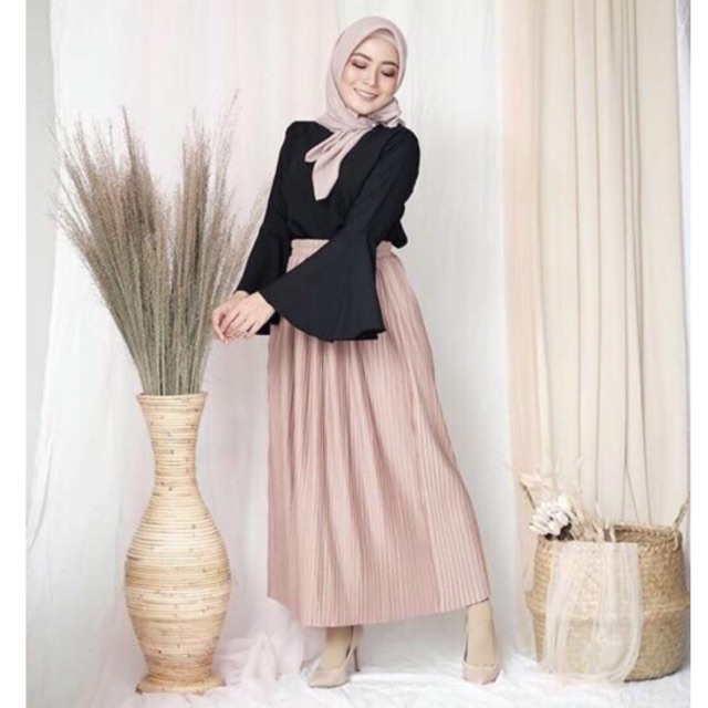 BD 357 - ROK PLISKET KECIL SEPAN CANTIK LURUS SLIM PANJANG FLARE SKIRT MAXI MUSLIM ABG POLOS MURAH