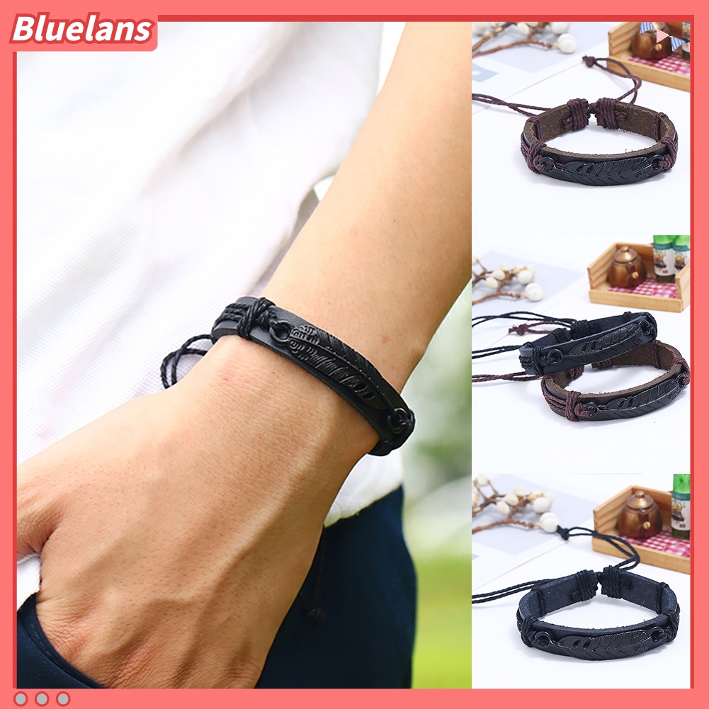 Bluelans Men Faux Leather Feather Adjustable Rope Braided Bracelet Wristband Jewelry