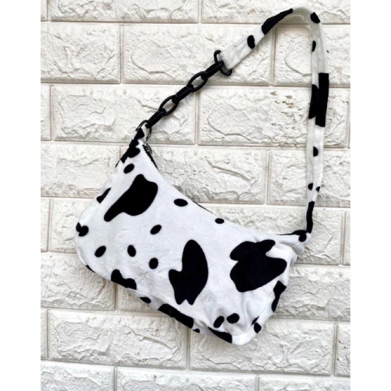 TAS SELEMPANG SAPI ZEBRA LEOPARD WANITA ANIMALS FLUFFY FUR BAG SHOULDER BAG HAND BAG SLING BAG KOREA VINTAGE BAHAN BULU BLUDRU-Sapi tali rantai