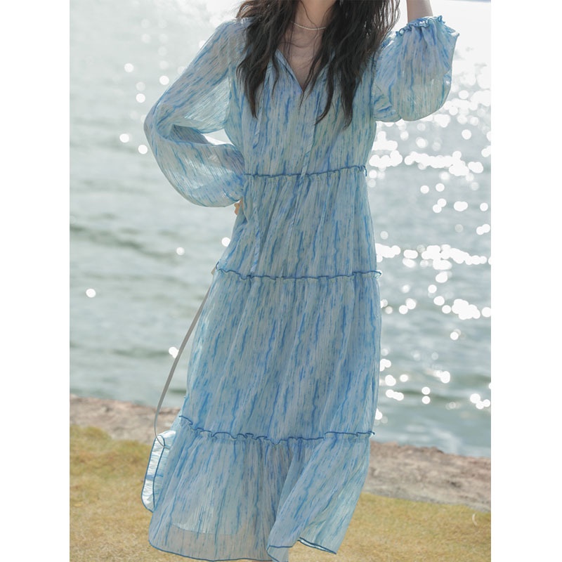 #Sisjuly# Spring and summer short-sleeved smudged jacquard dress design sense of niche temperament high-end wo