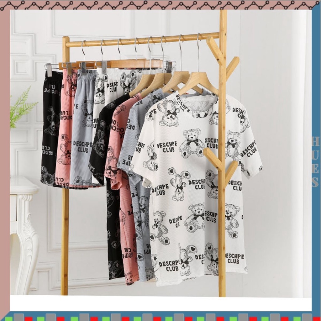 HUES.ID Pakaian Wanita Baju Tidur Wanita Piyama Lengan Pendek Import Motif Teddy Bear Fit to XXL 4062