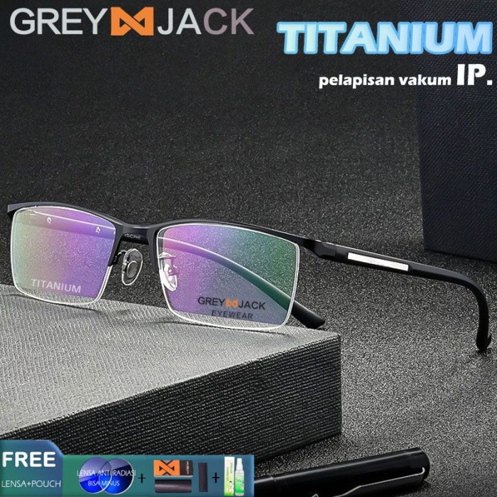 misi- Grey Jack Frame Kacamata HalfFrame Titanium Style Bussines Simple 9022