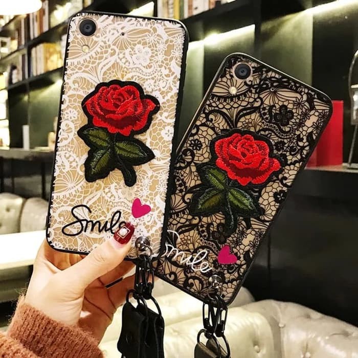 Case OPPO A52 A72 A92 Bordir Motif bunga Plus Gantungan  Case Bordir Hardcase Flower Unicorn