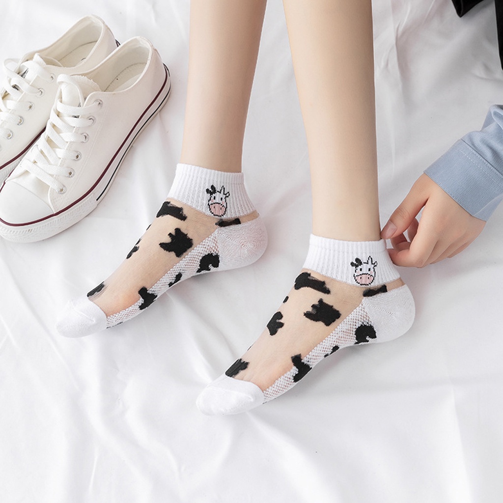 ☀ INDOLAND☀  Kaos Kaki korea Motif Sapi Transparan Kaos Kaki Ankle Cute Socks Short Sepatu Lucu Wanita Pria Murah Import KK022