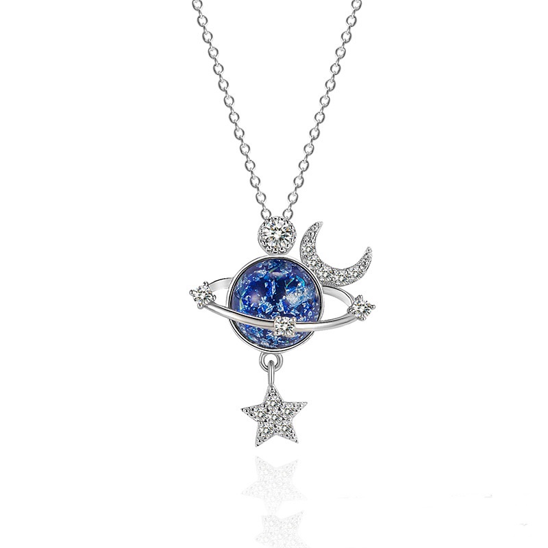 Kalung Rantai Klavikula 925 Silver Desain Bulan Bintang Planet Universe Aksen Zircon Untuk Wanita