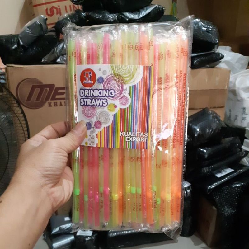 Sedotan Steril Bengkok Warna Neon &amp; Salur Garis Bungkus Plastik @100pcs Murah