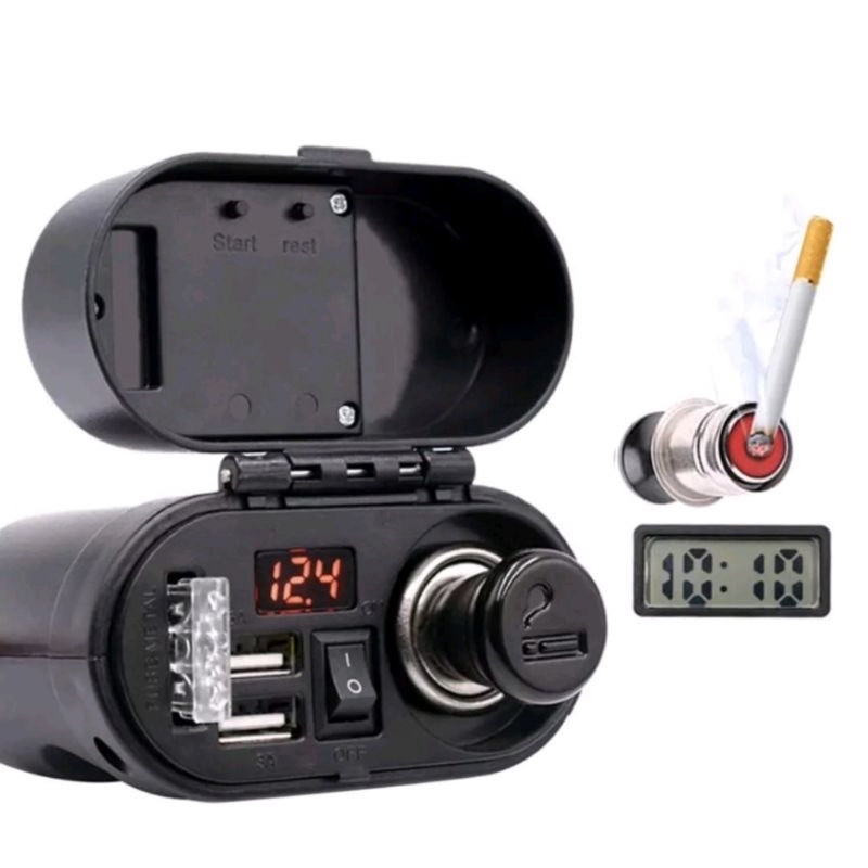 VOLTMETER 4 IN 1 DENGAN 2 CHARGER USB / JAM DIGITAL / TOMBOL ON OFF / PEMANTIK ROKOK /  SOCKET LIGHTER CIGARETTES