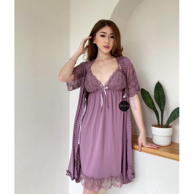 057 Lingerie Dress + Kimono Only by @bf_label | Lingerie Bahan Premium Spandeks Baju Tidur Premium Girlsheaven fit to jumbo Bisa COD