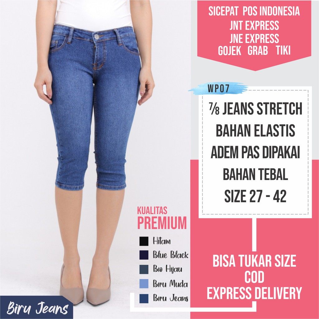  Celana  Pendek 7 8 Biru Jeans  Wanita  Slim Fit Short Pants 