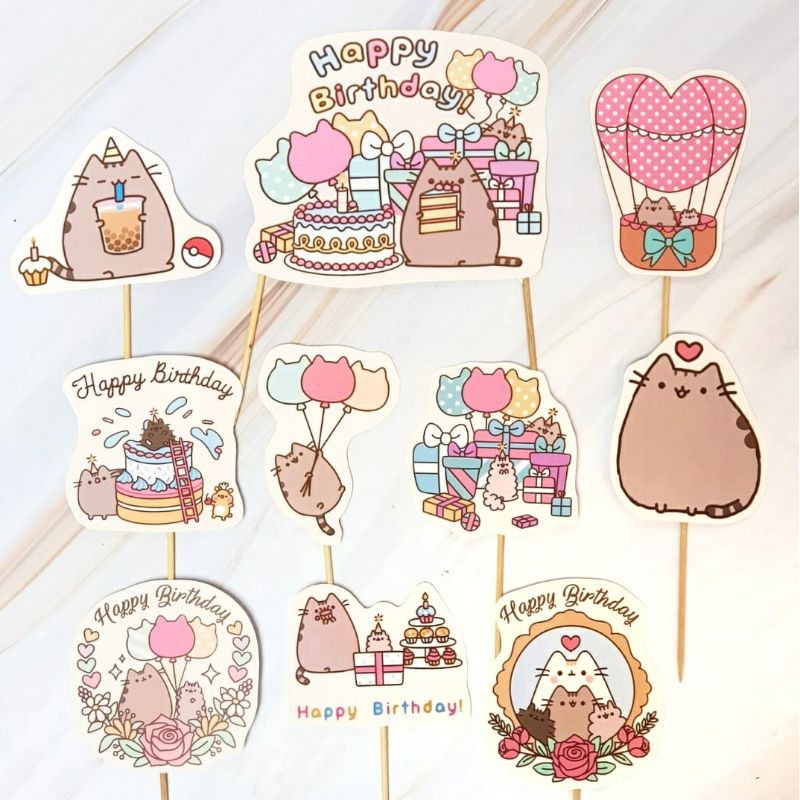 Pusheen Cat Cake Topper Birthday set isi 10pc