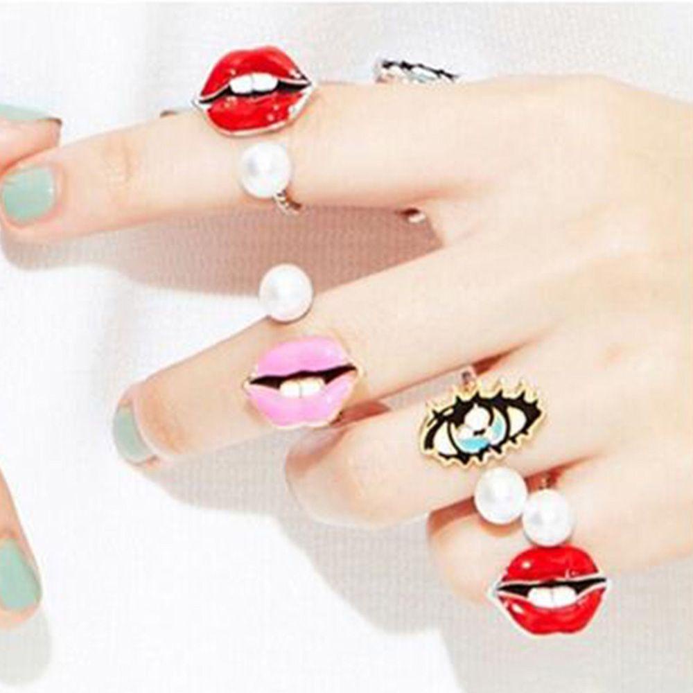 Mxbeauty Cincin Knuckle Adjustable Desain Gigi Bibir Merah Hias Mutiara Untuk Wanita