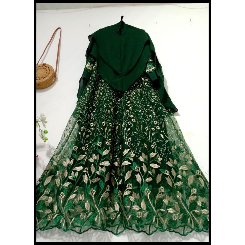 Gamis Brukat 3D Mix Tile / Brukat Keliling Premium - Hijau