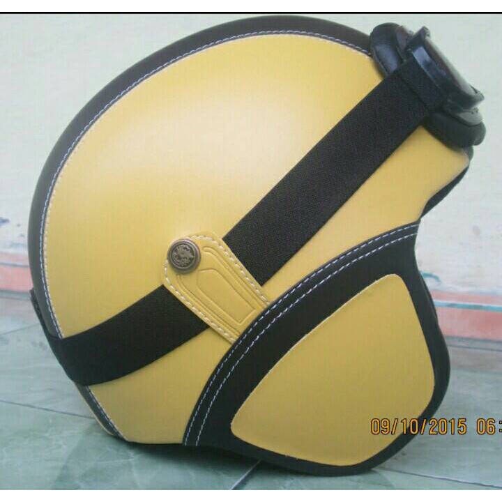 HM-214 Helm Retro Kulit Klasik Kuning Hitam Kacamata Murah