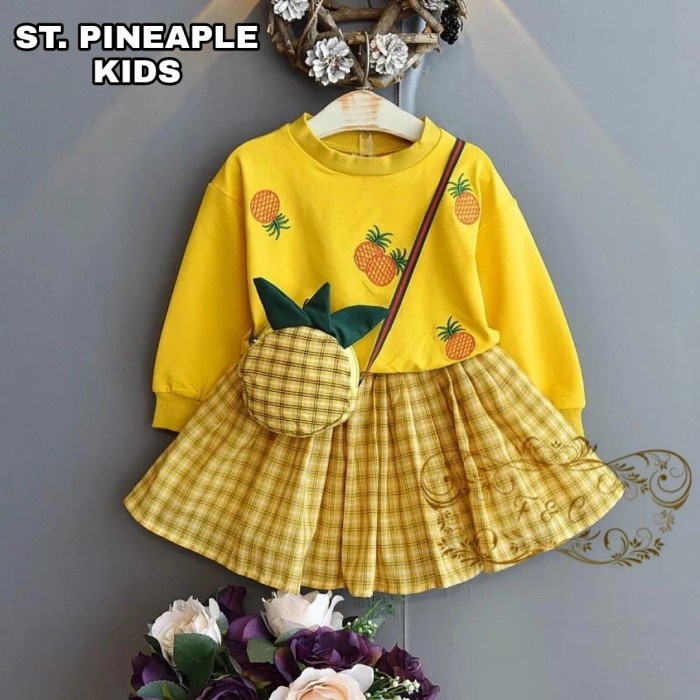 BAJU SETELAN ROK ANAK PEREMPUAN PINEAPPLE UMUR 2-6 TAHUN +TAS KECIL - Orange, 4-6 tahun