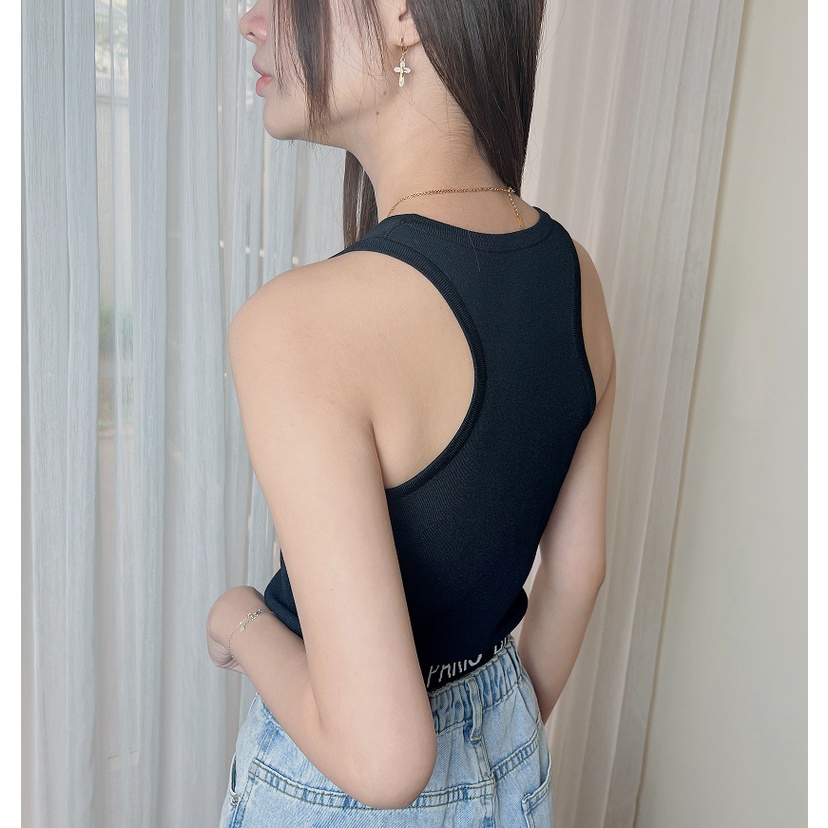 【Elegant】Sleeveless Crop Tops Off Shoulder Knitted Stretchy Tank Tops  7435