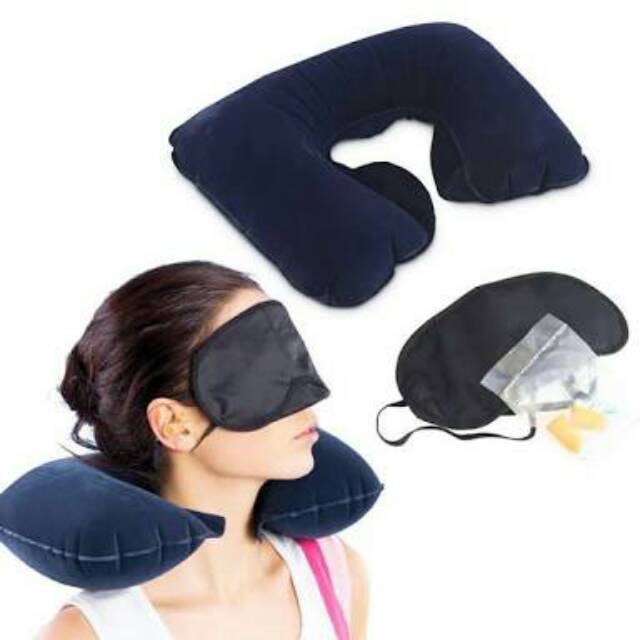 SET PILLOW TRAVEL INFLATABLE  BANTAL LEHER  EAR PLUG  DAN EYE MASK