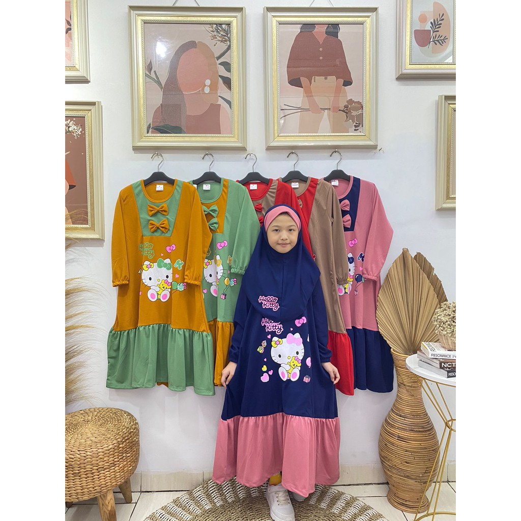 Gamis anak perempuan motif hello kitty bahan voxy premium merk latin (5-10 tahun)